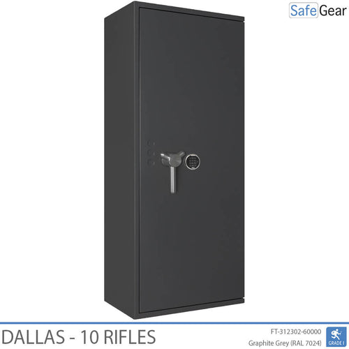 Dallas 10 gun safe in Graphite Grey, door closed, electronic code lock